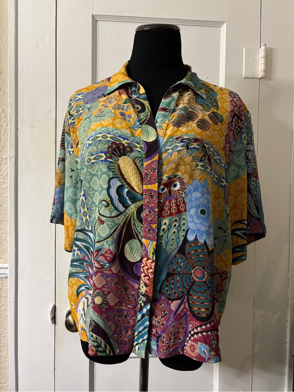 Johnny Was Vibrant Silk Patchwork & Owl Print Blouse - Picture 15 of 15